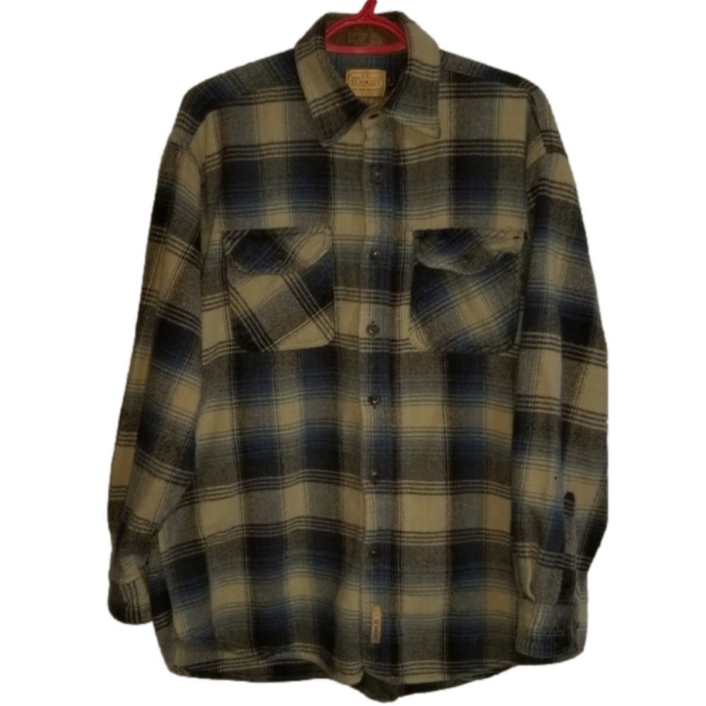 C E Schmidt Flannel Work Shirt Button Up Blue Beige Plaid Size L